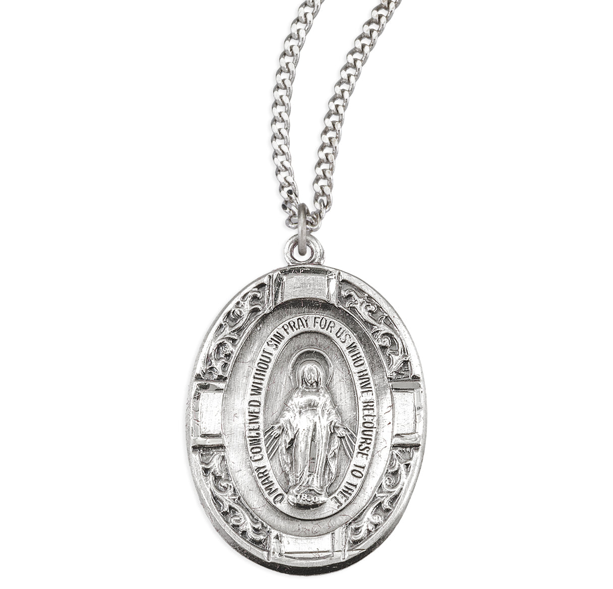 Sterling Silver Oval Miraculous Medal With Vine Border And Cross Design