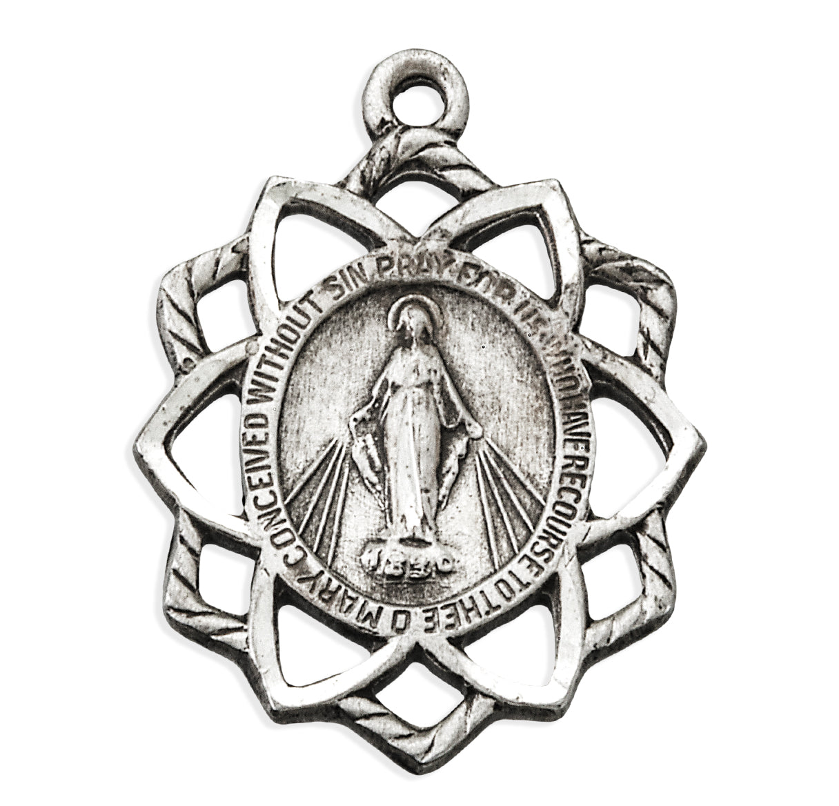 Sterling Silver Miraculous Medal In Pierced Floret Border