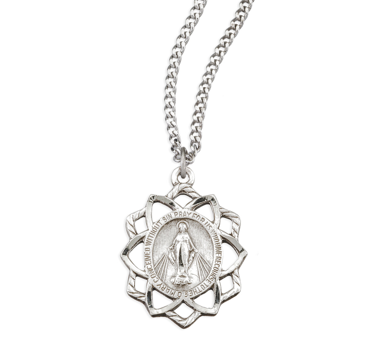 Sterling Silver Miraculous Medal In Pierced Floret Border