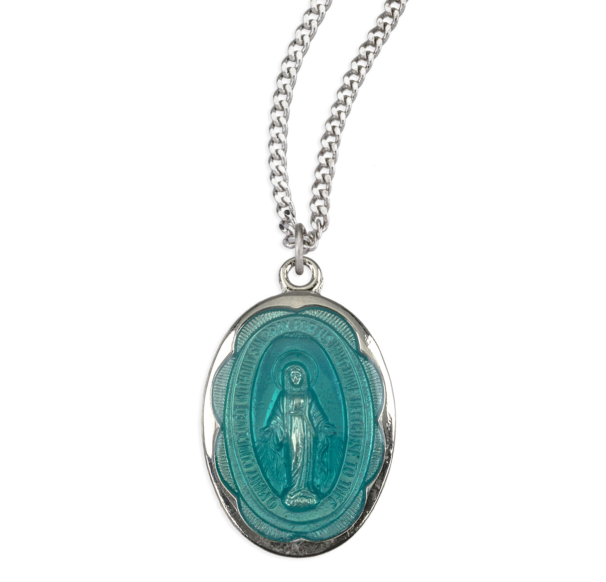 Sterling Silver Miraculous Medal With Engraved Scalloped Edging In Blue Epoxy