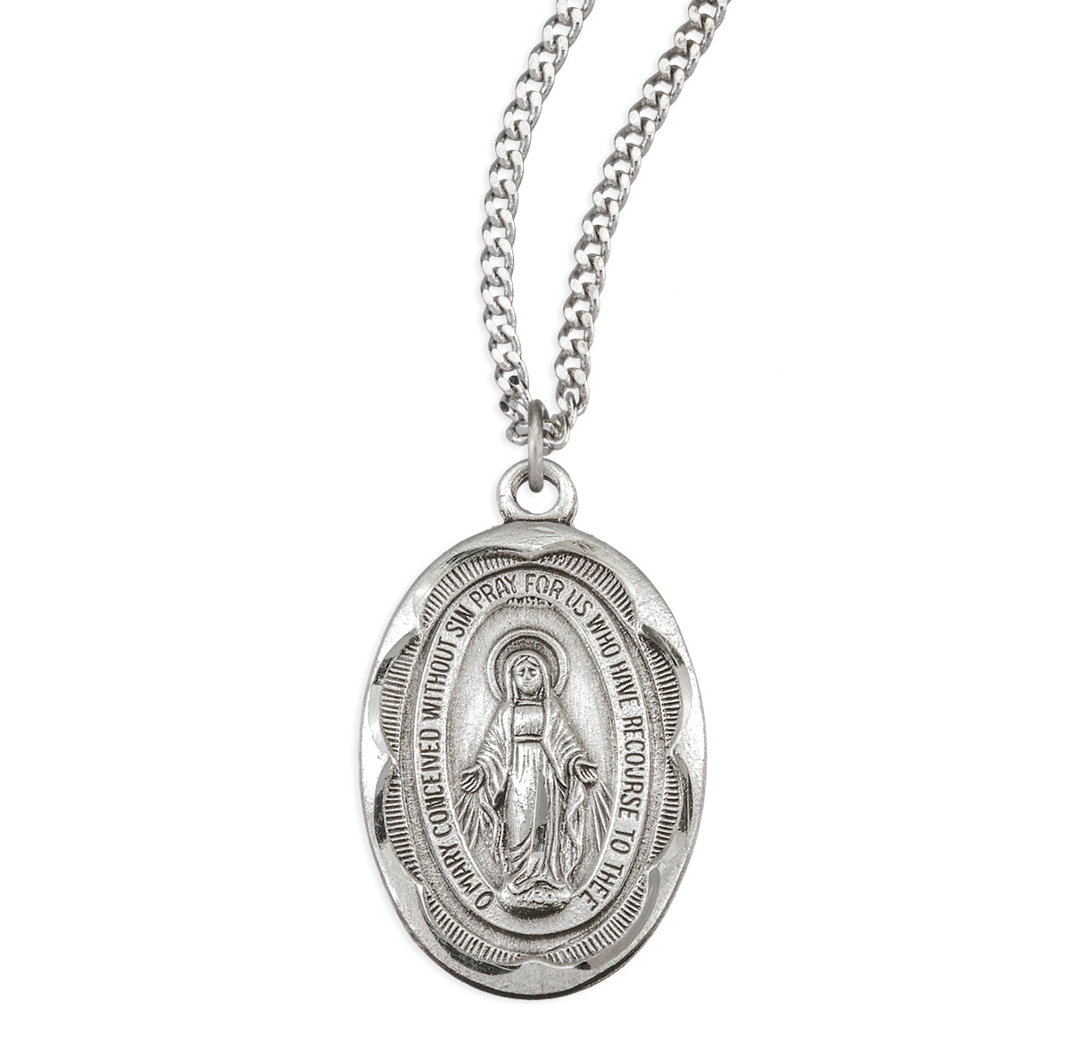 Sterling Silver Miraculous Medal With Engraved Scalloped Edging