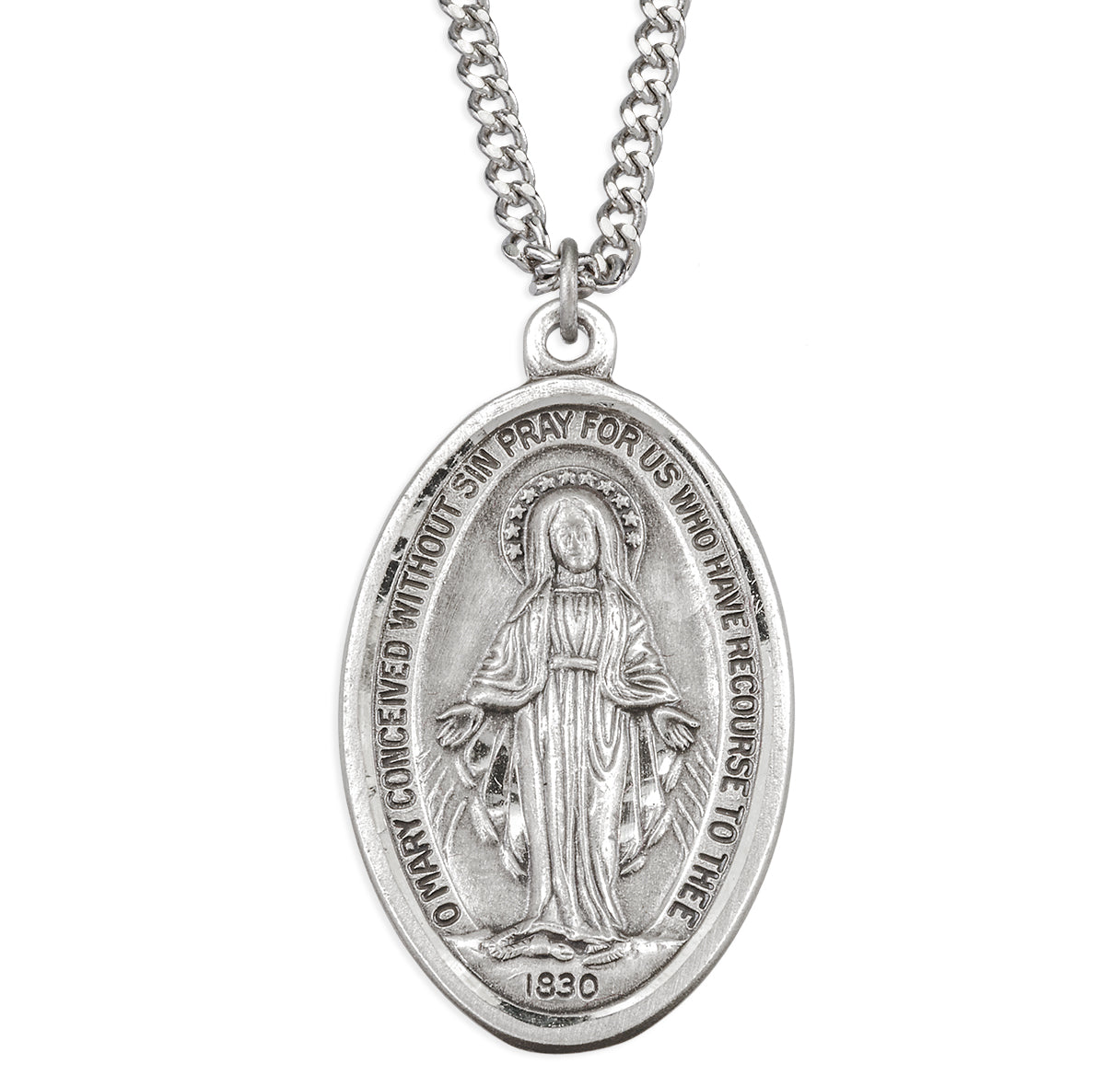 Sterling Silver Large Oval Miraculous Medal With Dimensional Detail
