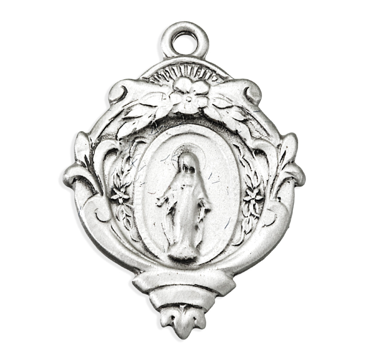 Sterling Silver Miraculous Medal With Intricate Flower and Leaf Border
