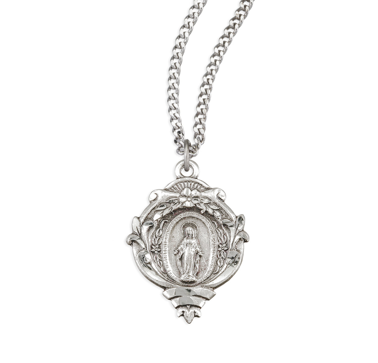 Sterling Silver Miraculous Medal With Intricate Flower and Leaf Border