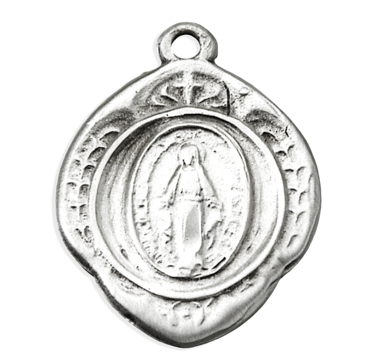 Sterling Silver Small Miraculous Medal In Leaf Detailed Border with cross on top