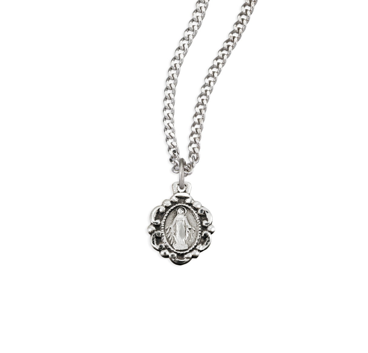 Sterling Silver Small Miraculous Medal With Fancy Scrolled Edging