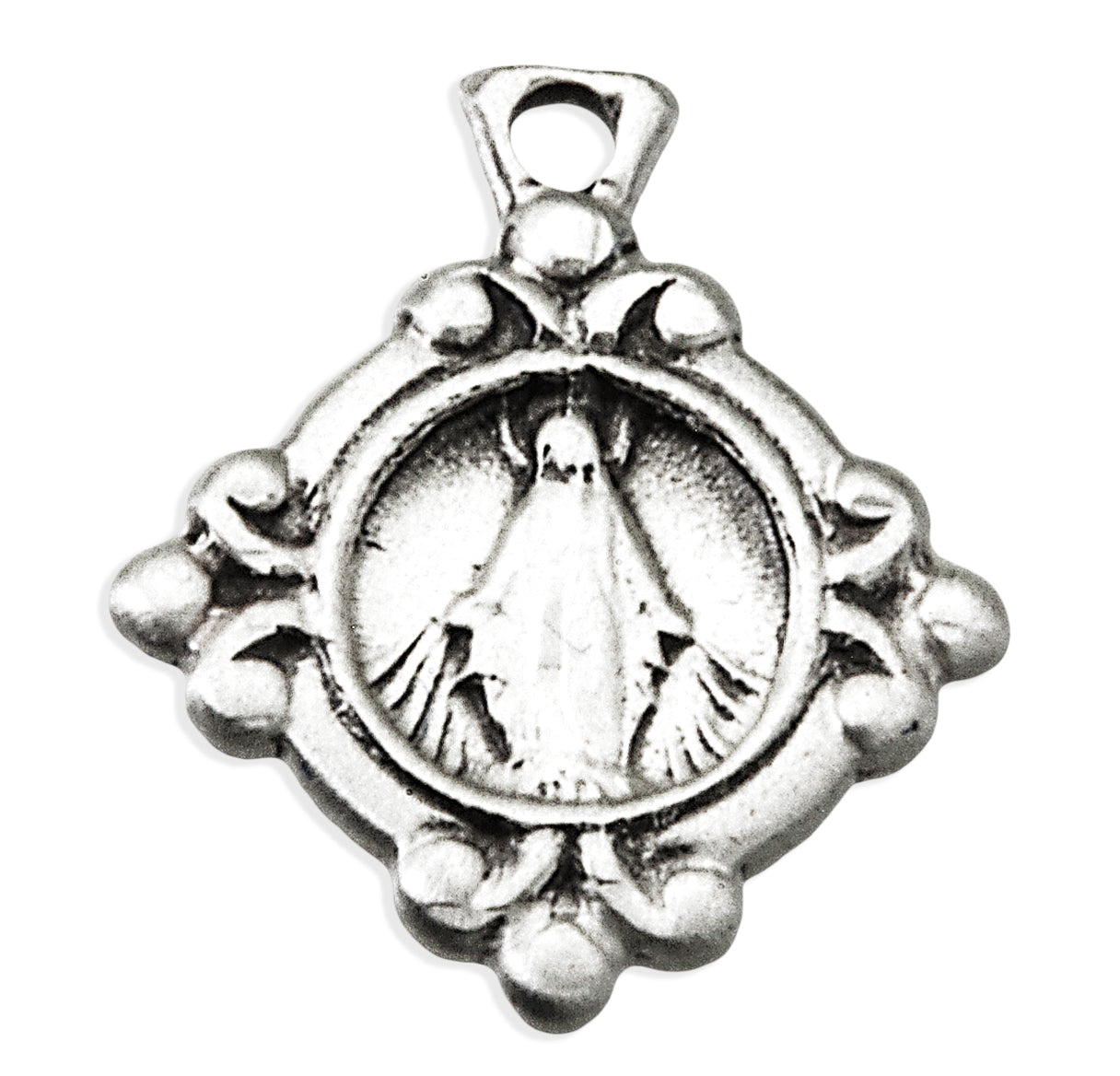 Sterling Silver Small Blue Epoxy Miraculous Medal In Four-Sided Budded Border