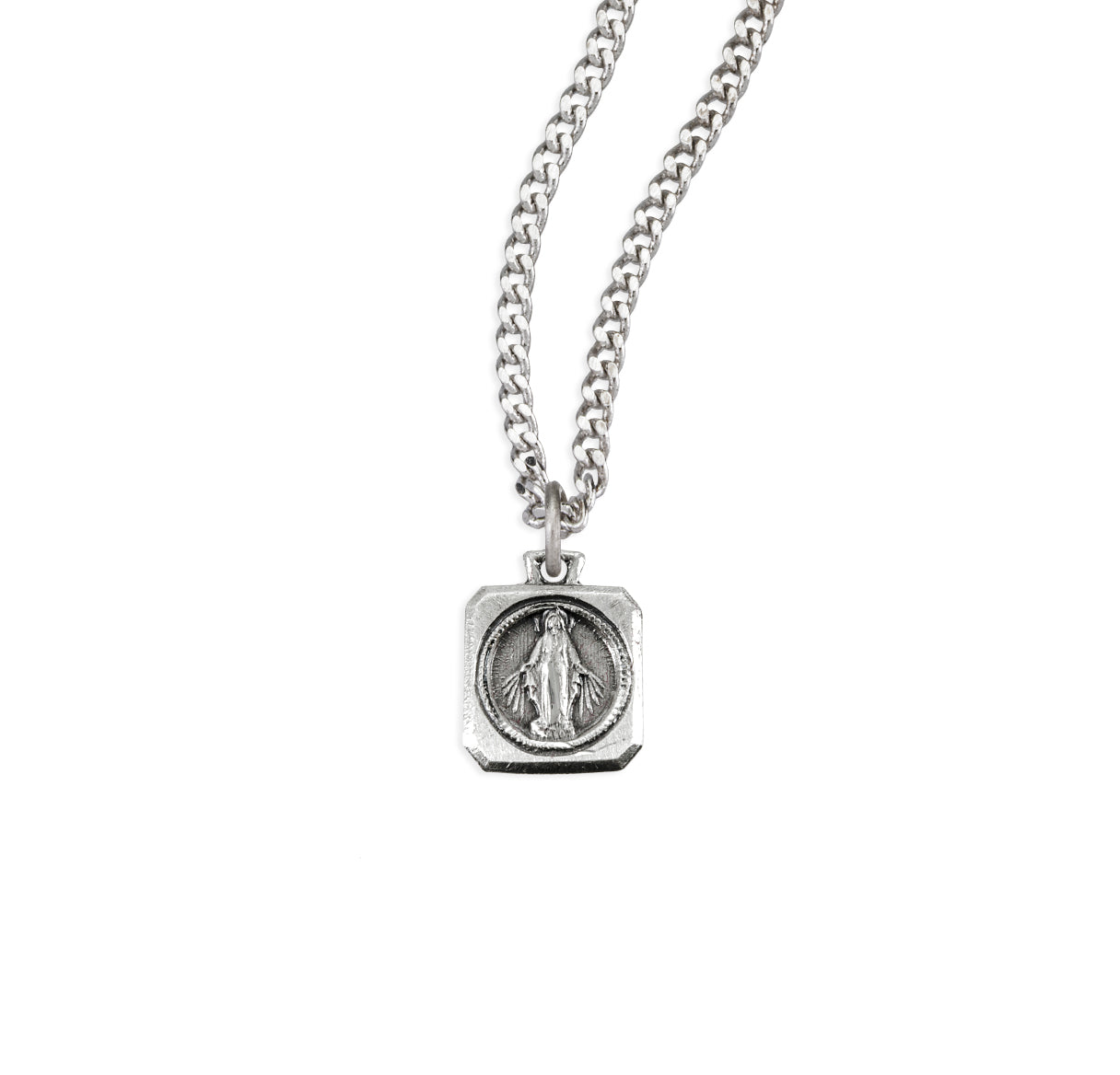 Sterling Silver Small Round Miraculous Medal In Square Border