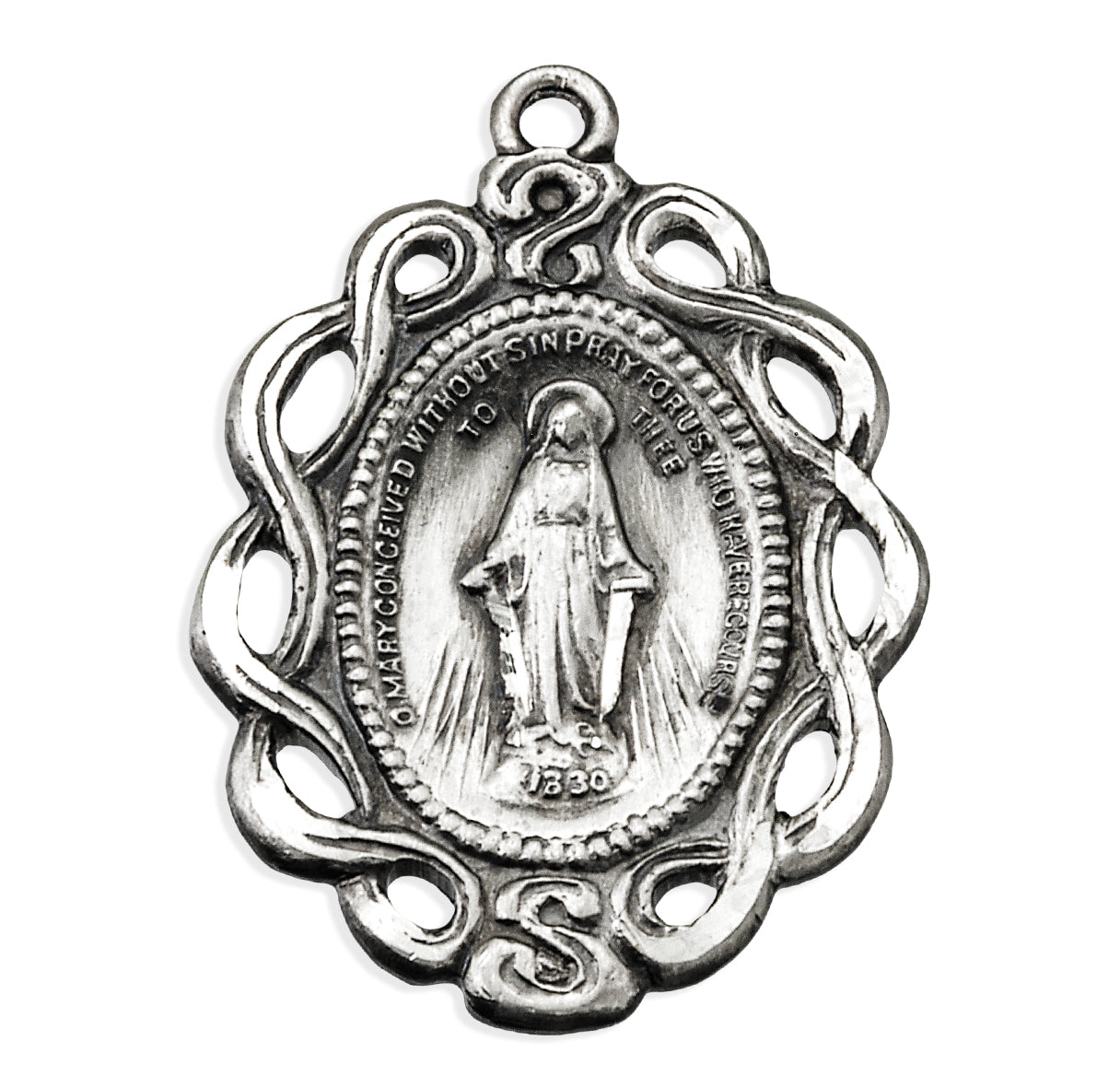 Sterling Silver Oval Miraculous Medal In Pierced Intertwining Scrolled Border