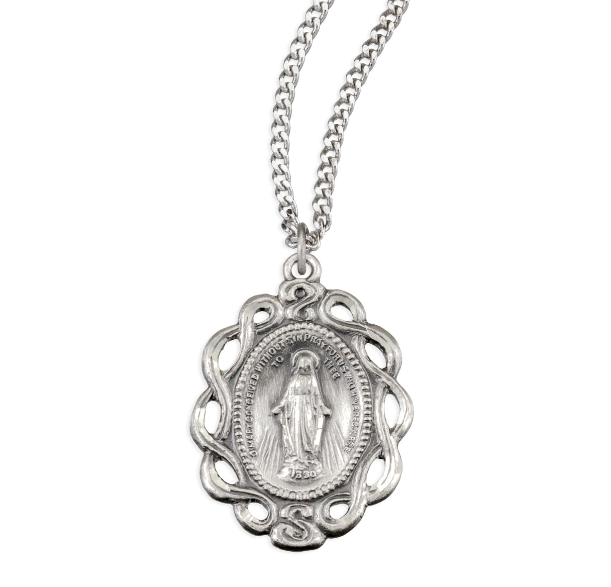 Sterling Silver Oval Miraculous Medal In Pierced Intertwining Scrolled Border