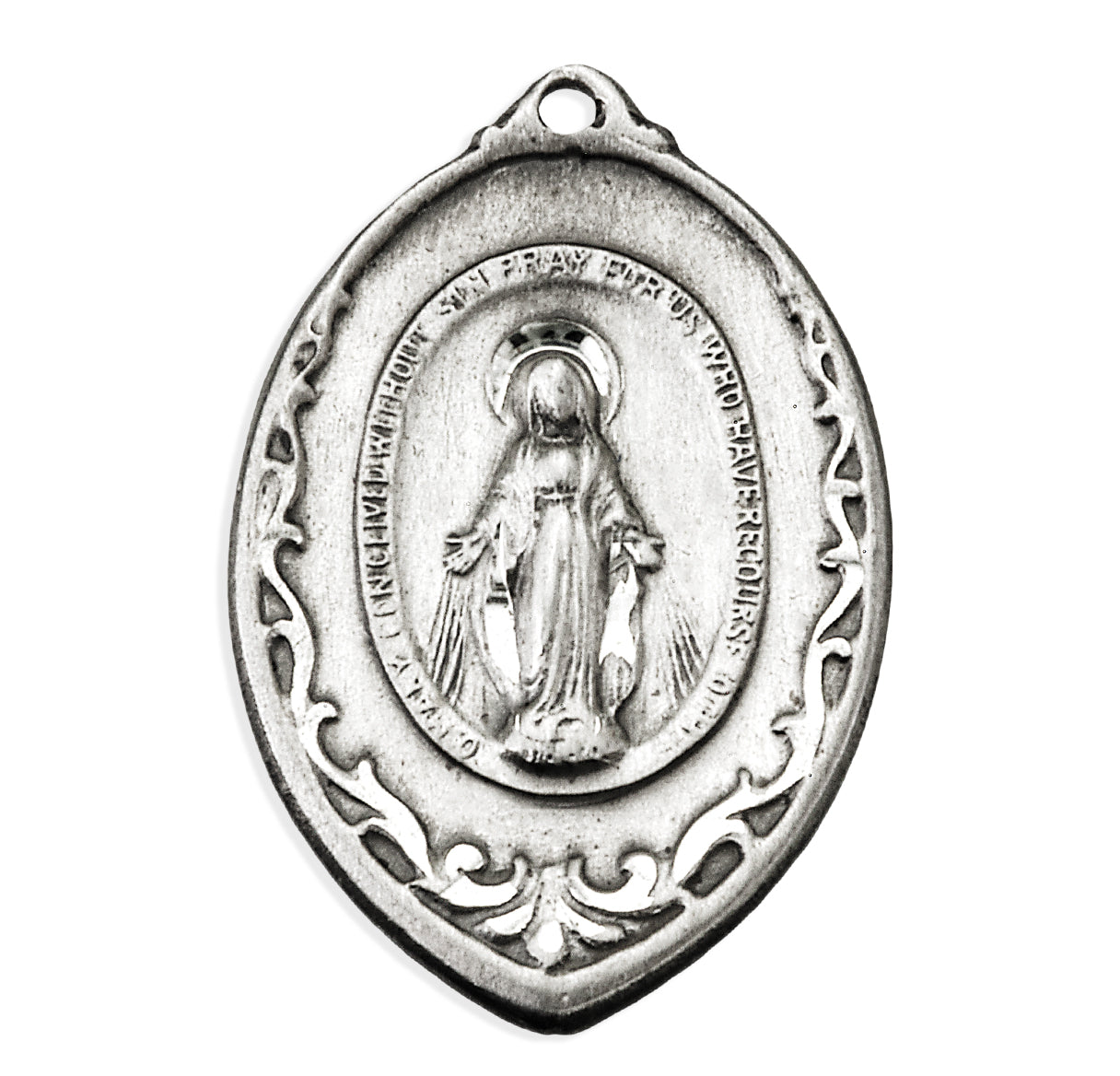 Sterling Silver Miraculous Medal In Almond-Shaped Scrolled Border