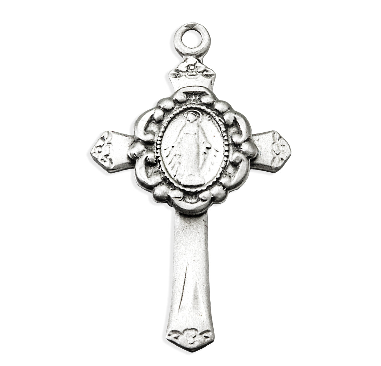 Sterling Silver Miraculous Medal Scrolled Design on Flared Cross