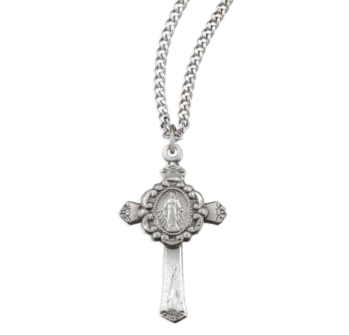Sterling Silver Miraculous Medal Scrolled Design on Flared Cross