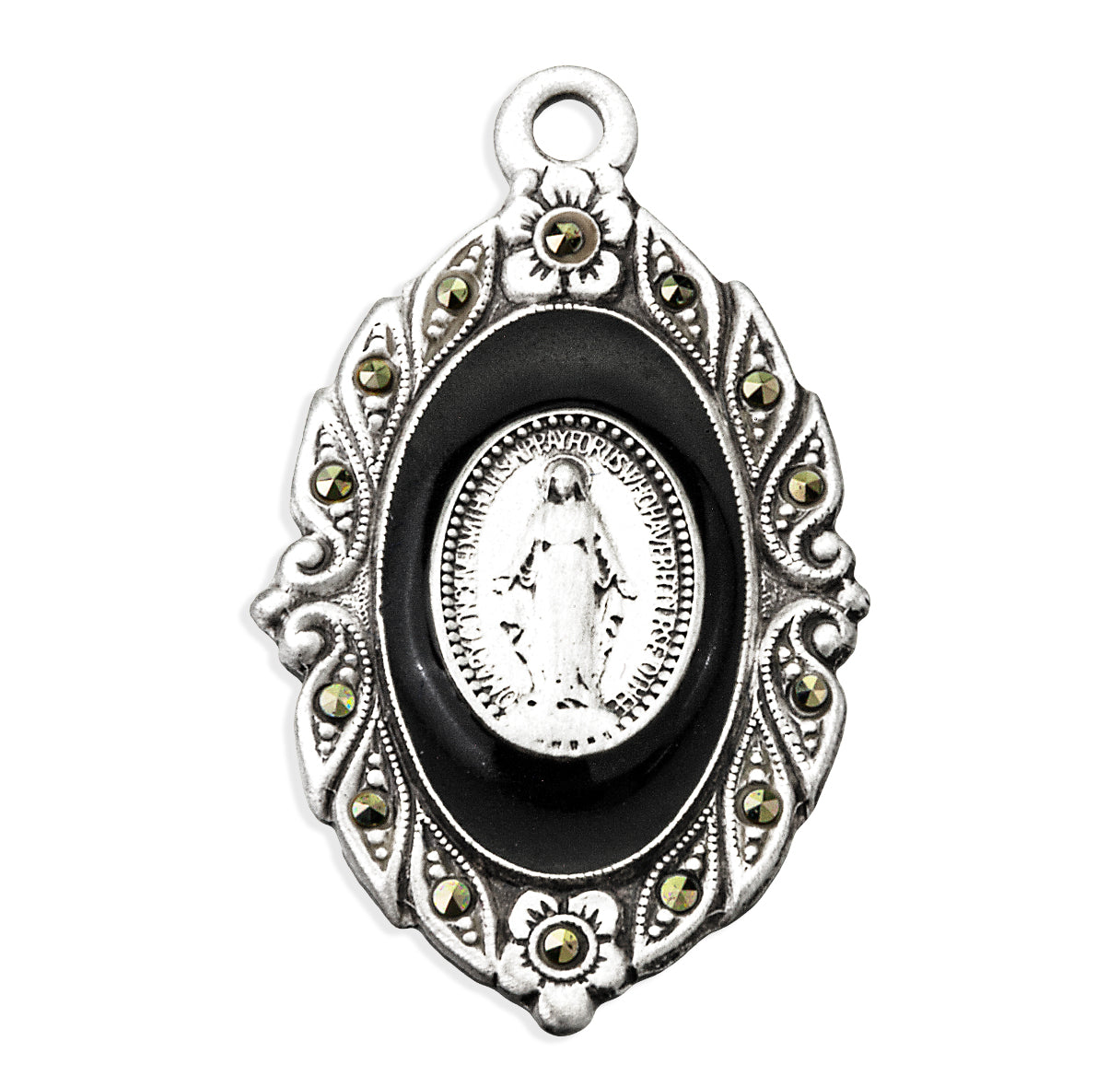 Sterling Silver Miraculous Medal Set in Black epoxy with Marcasite Settings in Border