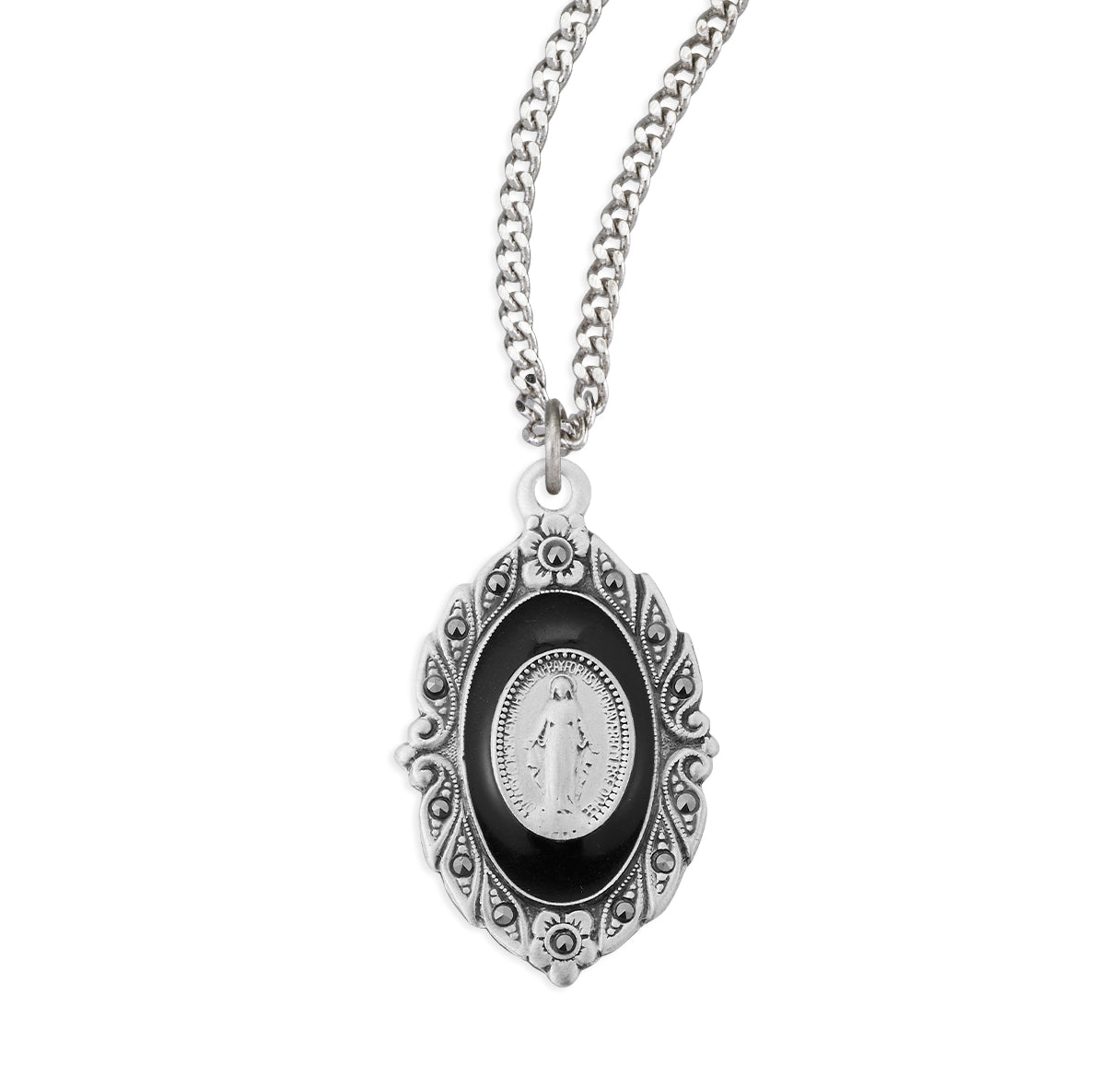 Sterling Silver Miraculous Medal Set in Black epoxy with Marcasite Settings in Border