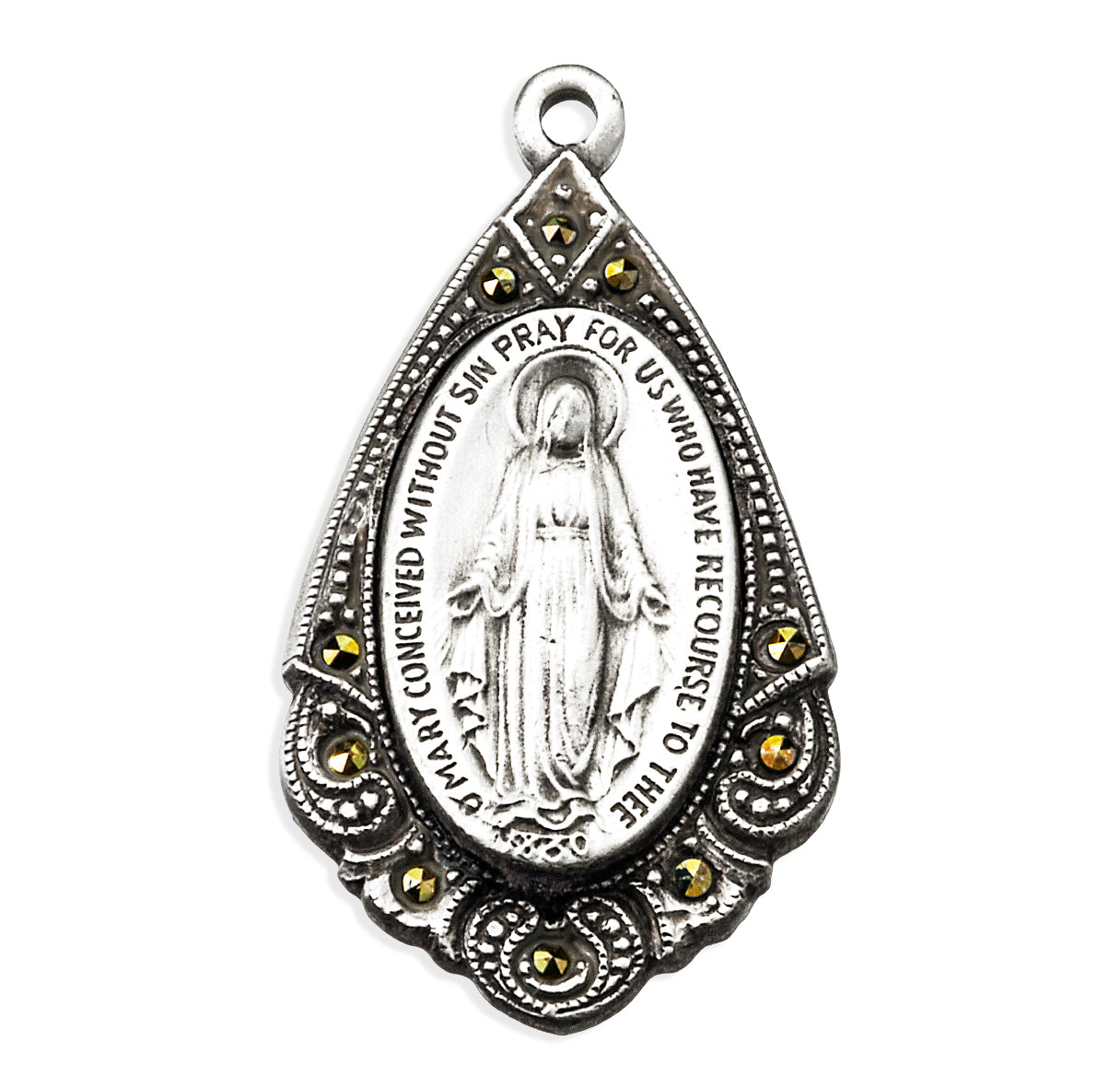 Sterling Silver Miraculous ornate Medal Tear Shape with Marasite Border