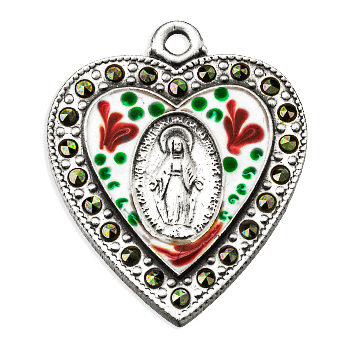 Sterling Silver Heart Miraculous Medal with Marcasite Settings and epoxying