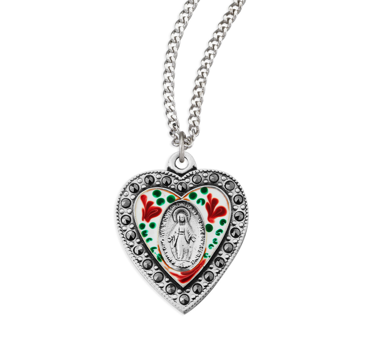 Sterling Silver Heart Miraculous Medal with Marcasite Settings and epoxying