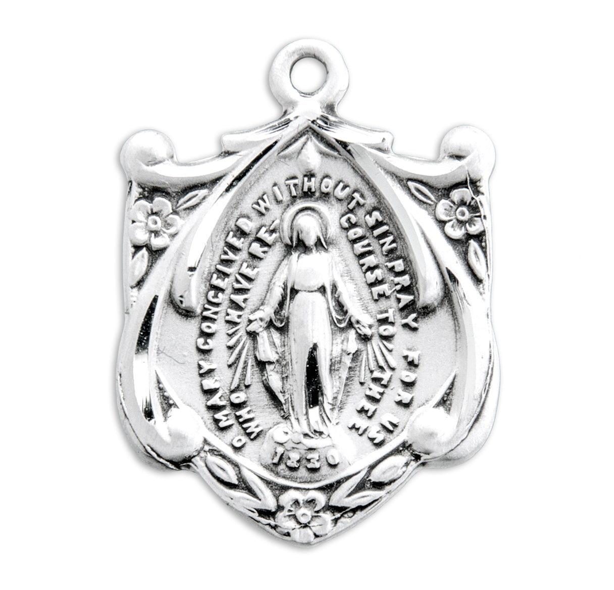 Sterling Silver Miraculous Medal Fancy Vine Shield