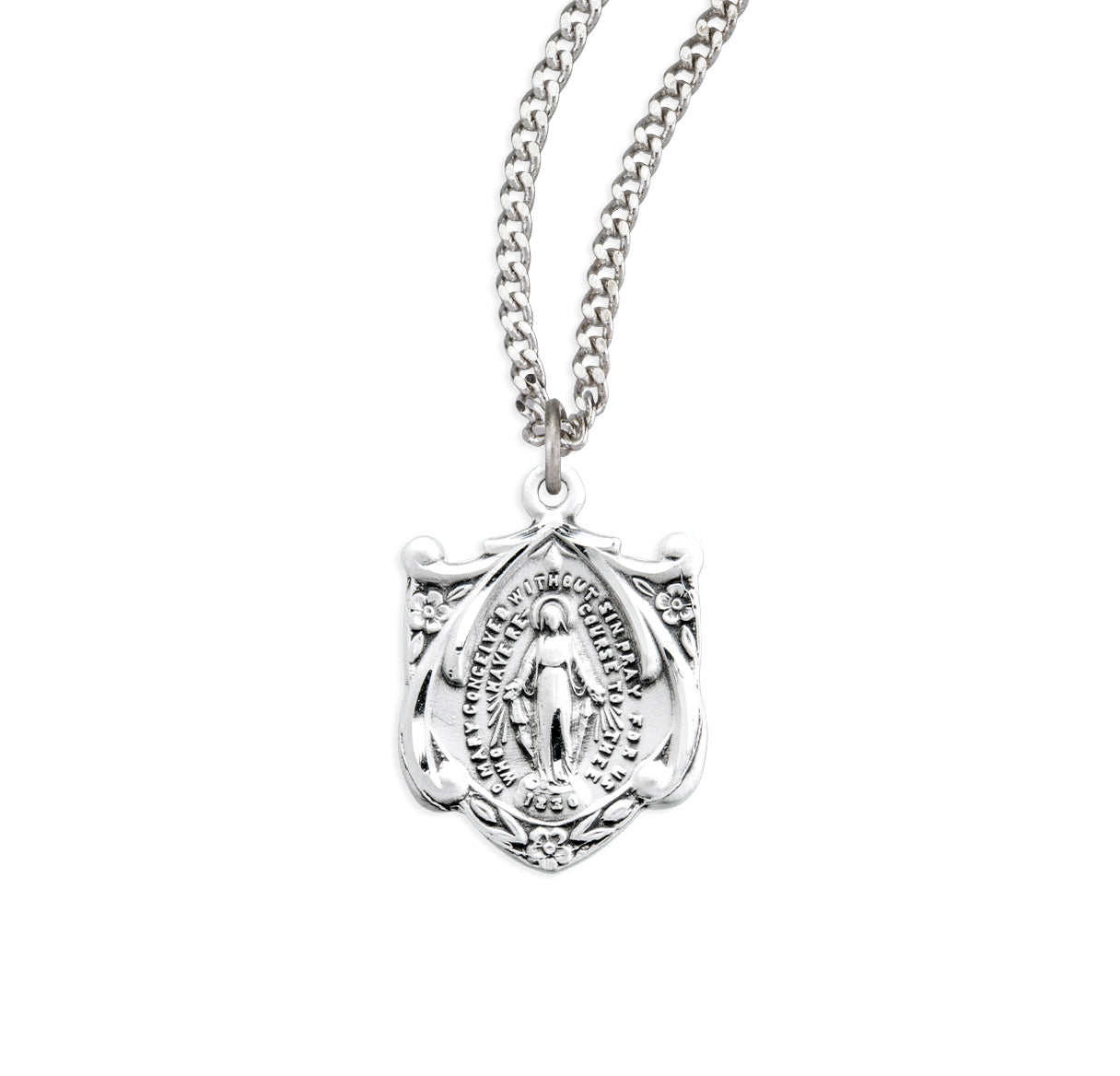 Sterling Silver Miraculous Medal Fancy Vine Shield