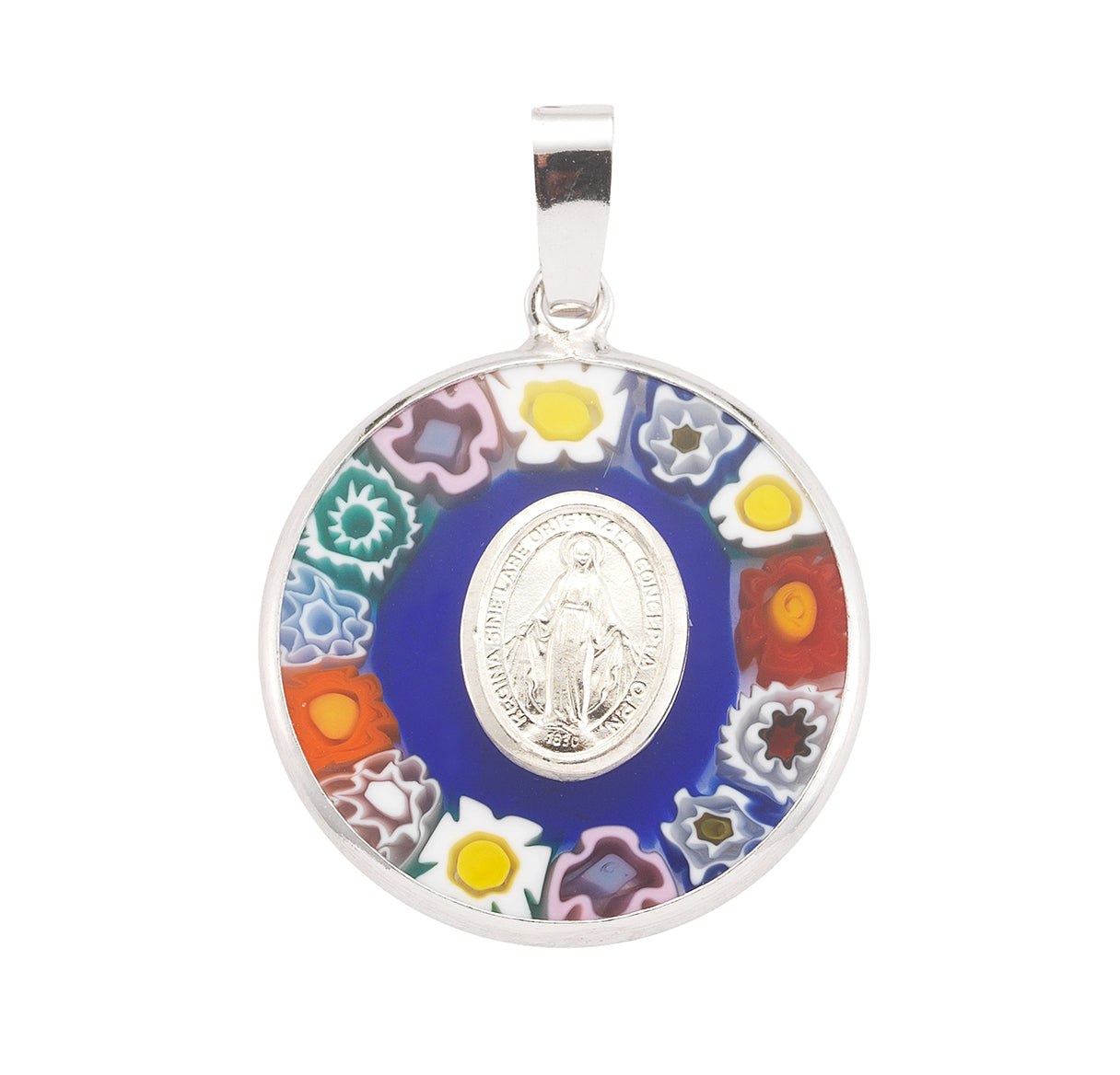 Sterling Silver Miraculous Medal set in Venetion Glass Circle Setting colorful