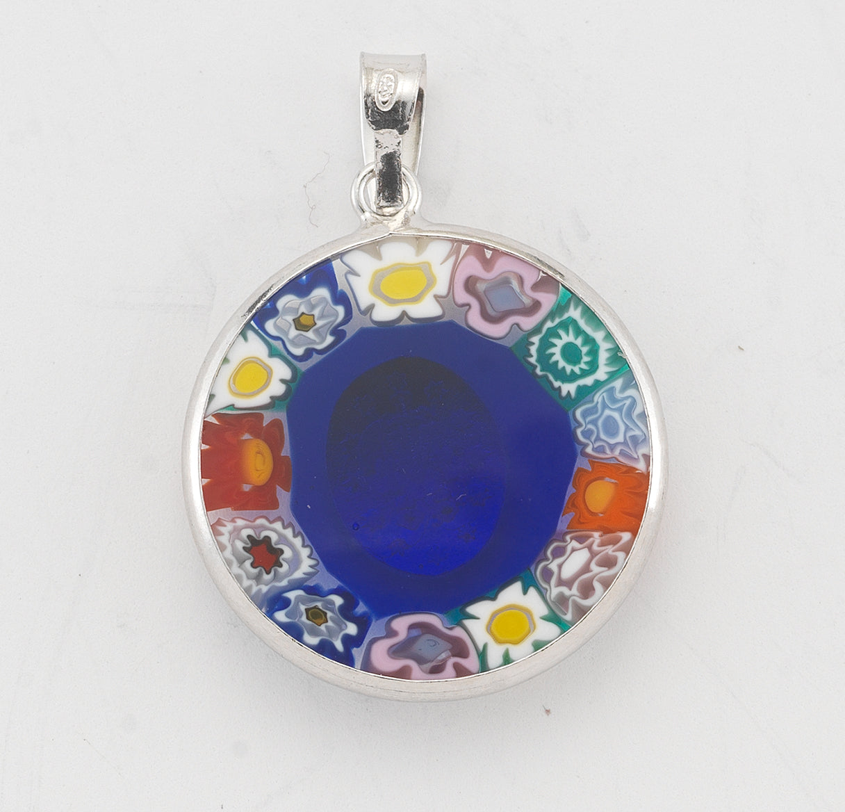 Sterling Silver Miraculous Medal set in Venetion Glass Circle Setting colorful