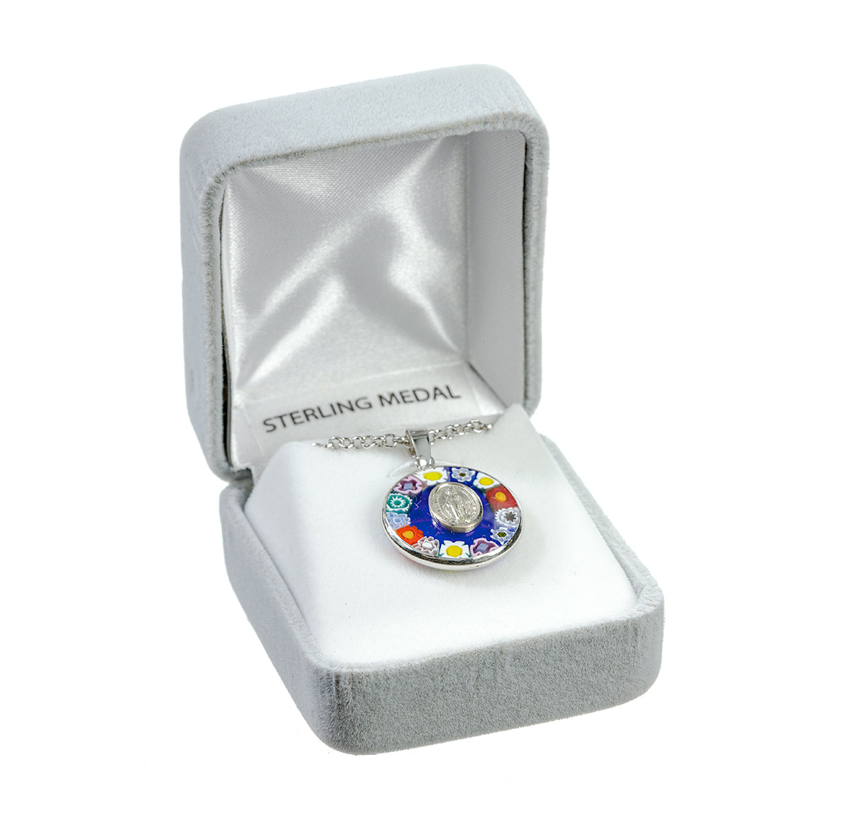 Sterling Silver Miraculous Medal set in Venetion Glass Circle Setting colorful