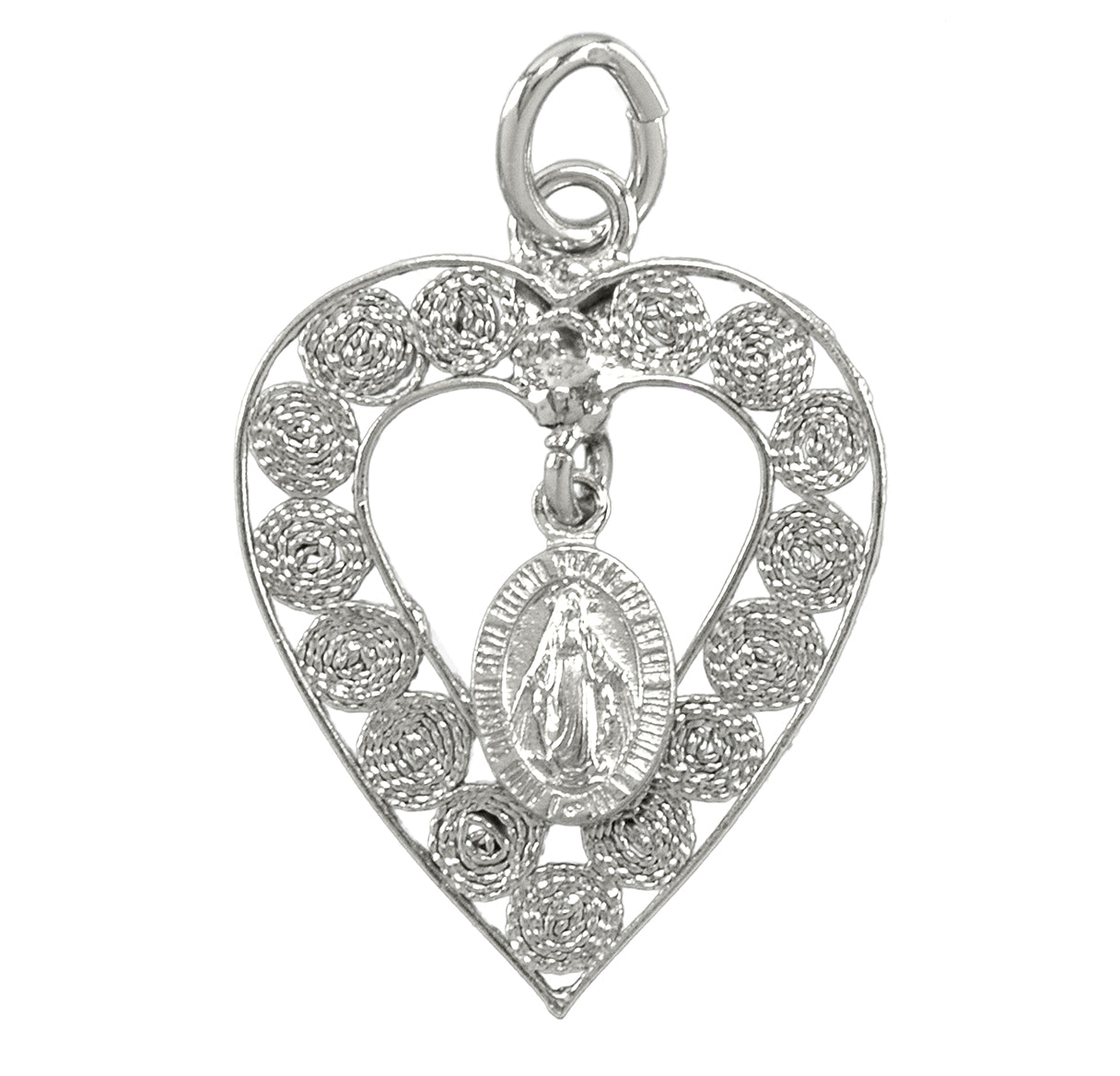 Sterling Silver Small Miraculous Medal In Filigree Heart From Italy