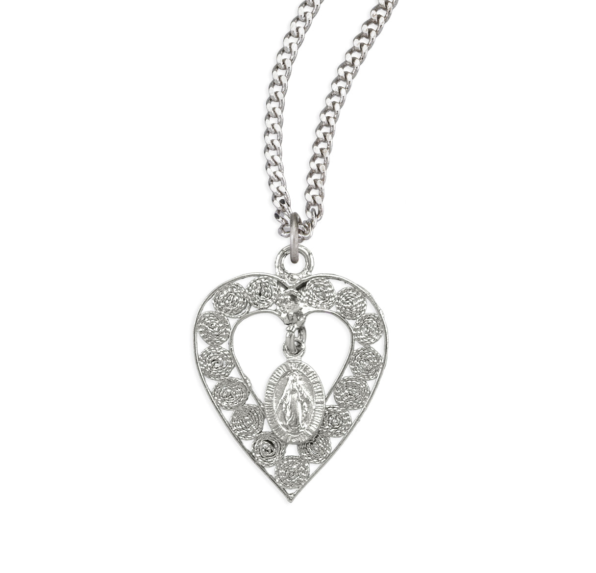 Sterling Silver Small Miraculous Medal In Filigree Heart From Italy