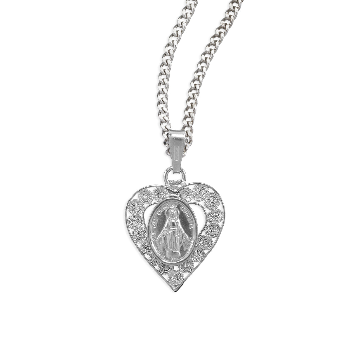 Sterling Silver Large Miraculous Medal In Filigree Heart From Italy