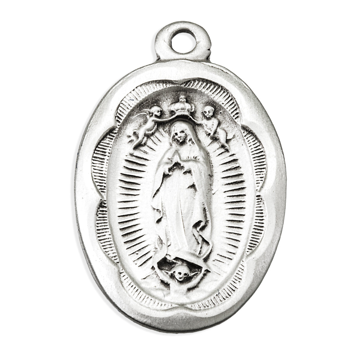 Sterling Silver Oval Our Lady of Guadalupe Medal With Scalloped Edging