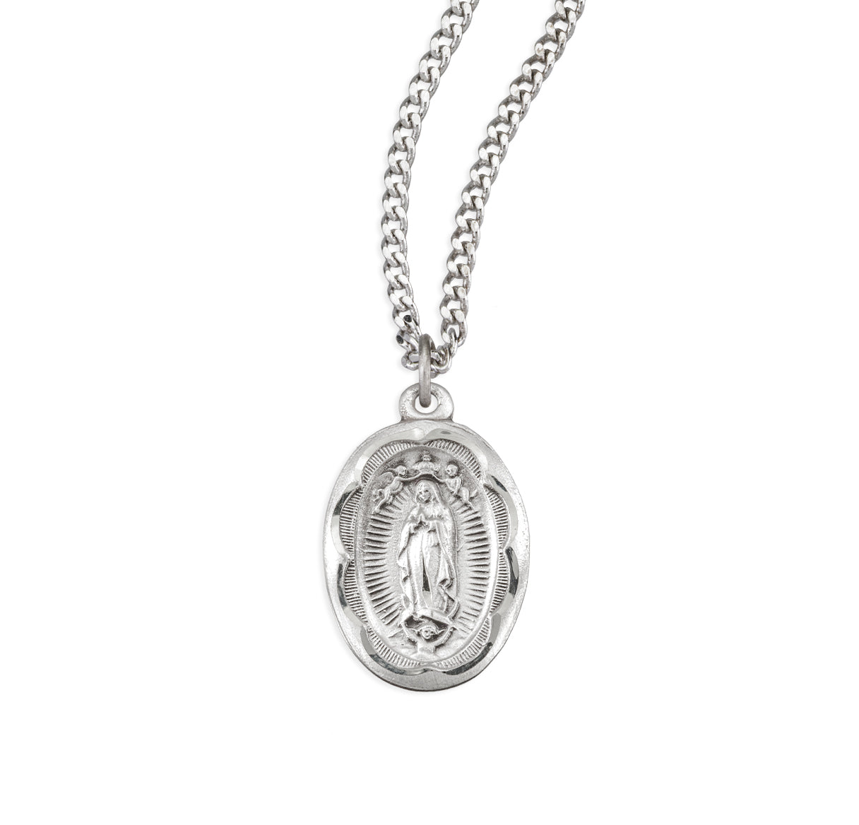 Sterling Silver Oval Our Lady of Guadalupe Medal With Scalloped Edging