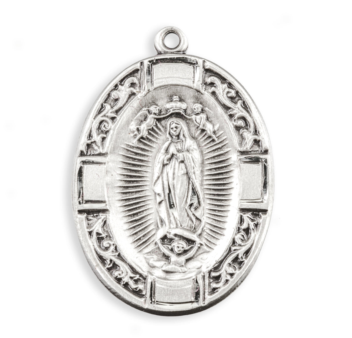 Sterling Silver Oval Our Lady of Guadalupe Medal With Vine Border And Cross Design