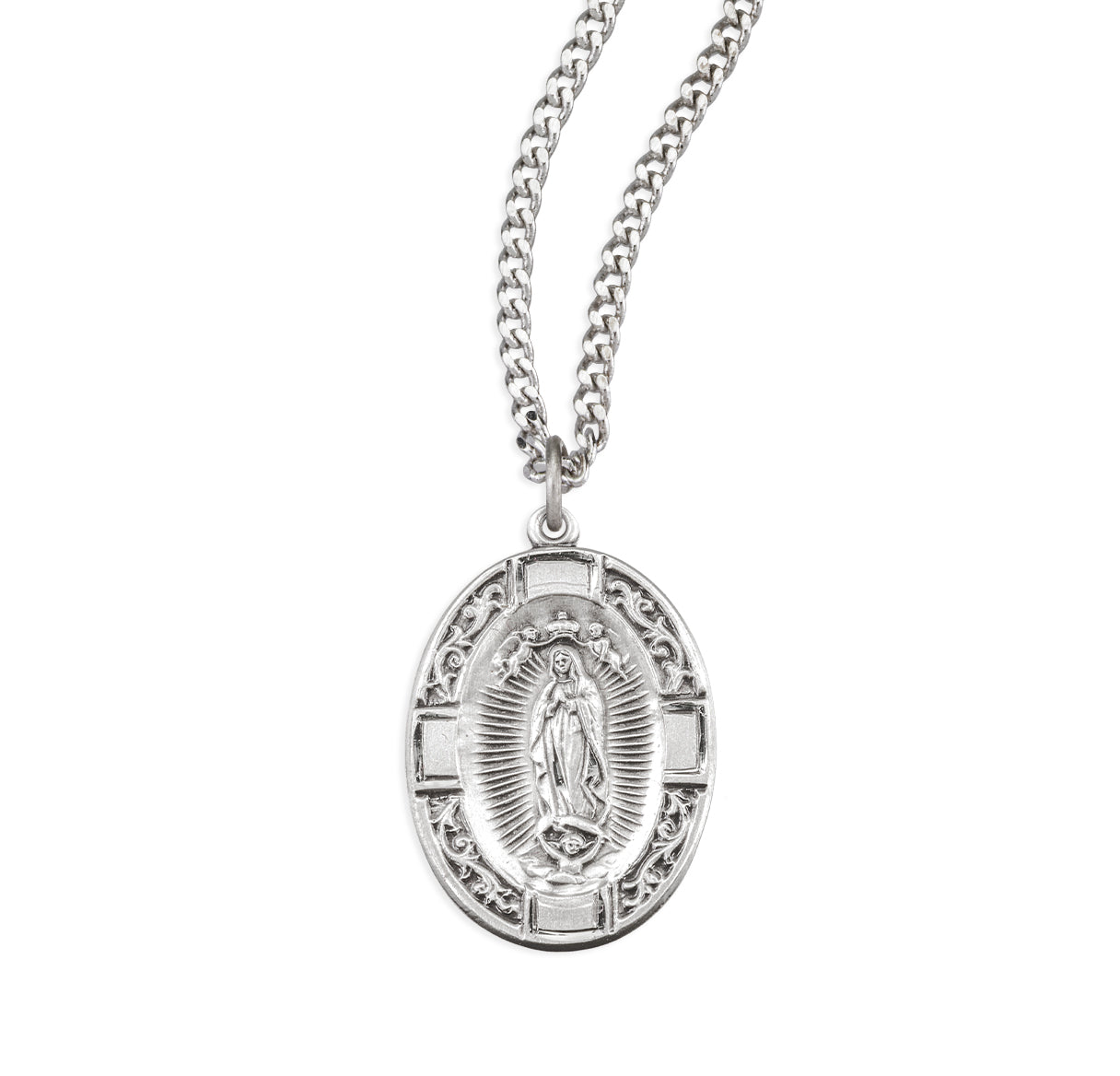Sterling Silver Oval Our Lady of Guadalupe Medal With Vine Border And Cross Design