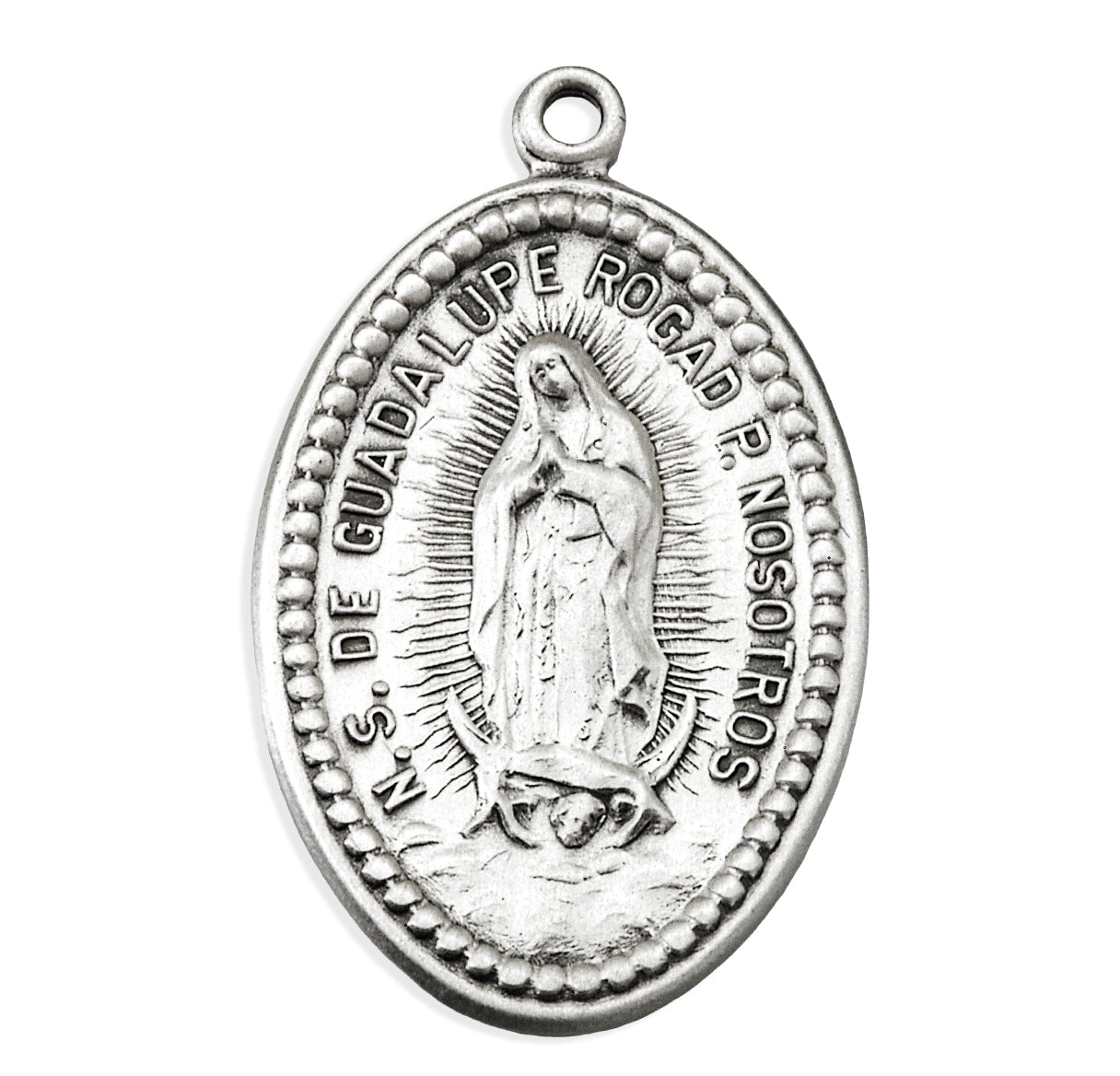 Sterling Silver Oval Our Lady of Guadalupe Medal With Beaded Edging