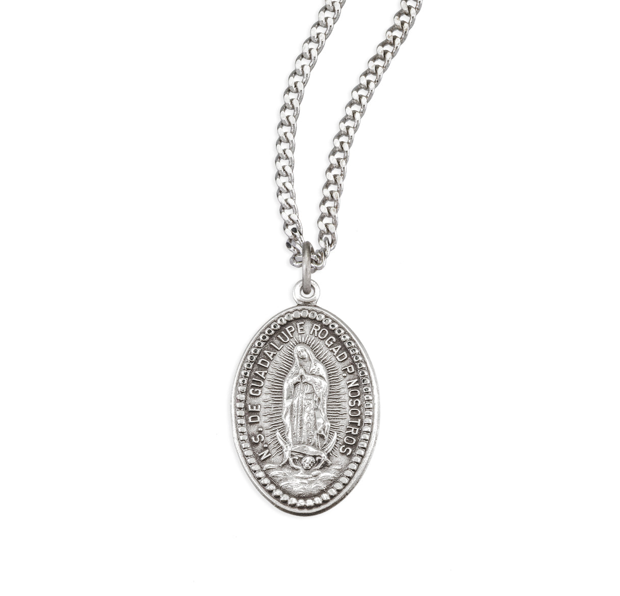 Sterling Silver Oval Our Lady of Guadalupe Medal With Beaded Edging