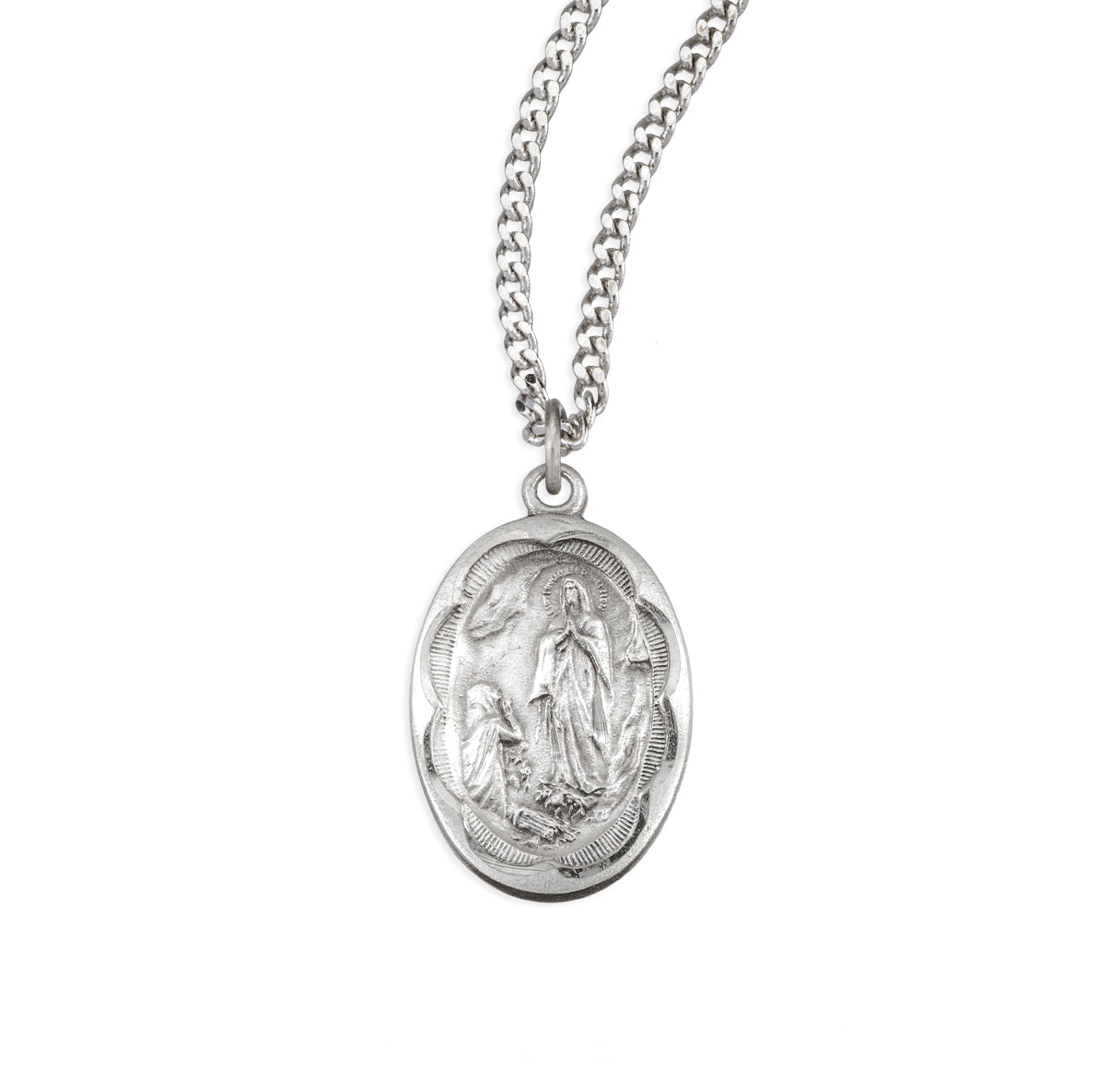 Sterling Silver Our Lady of Lourdes Medal Scalloped Edging
