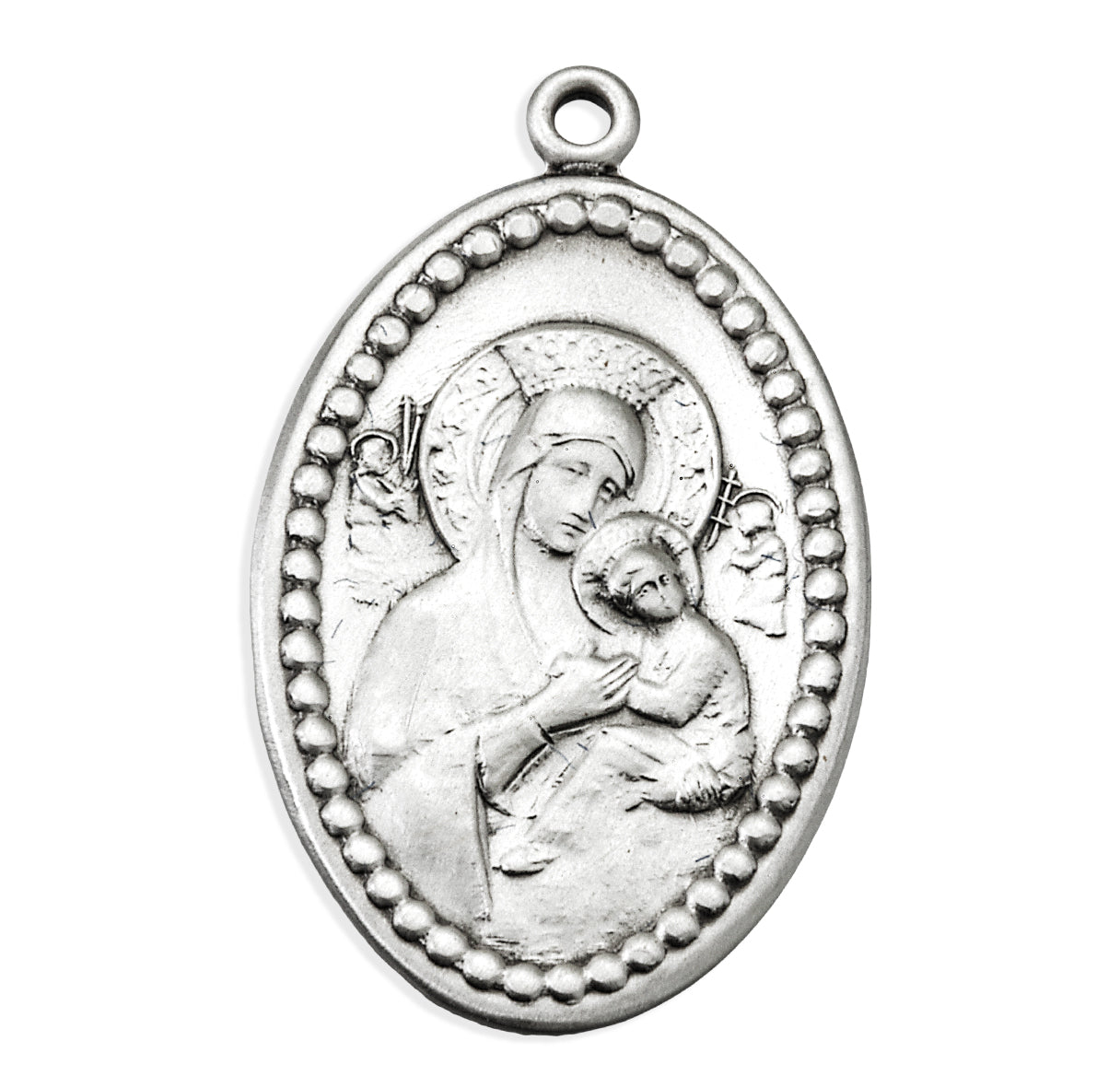 Sterling Silver Our Lady of Perpetual Help Medal Oval Beaded Edging
