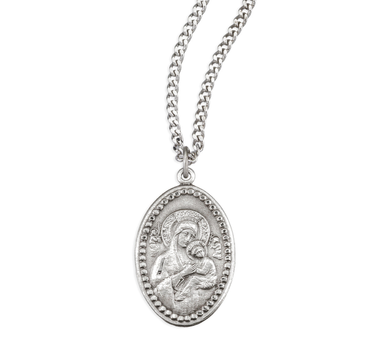 Sterling Silver Our Lady of Perpetual Help Medal Oval Beaded Edging