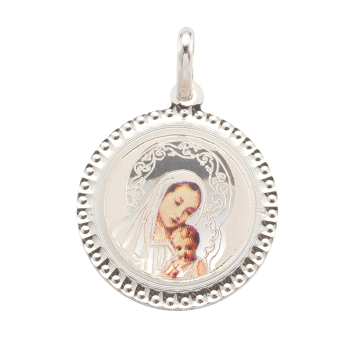 Sterling Silver Round Madonna and child Medal with picture figures Italy