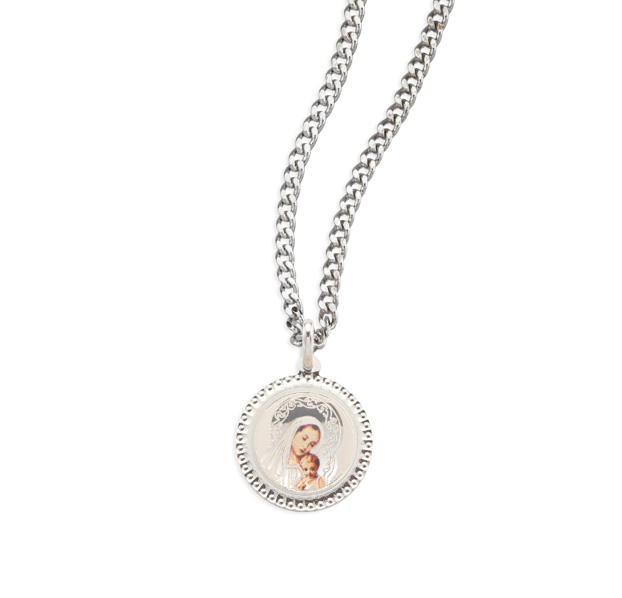 Sterling Silver Round Madonna and child Medal with picture figures Italy