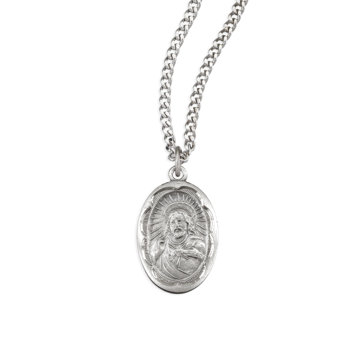 Sterling Silver Sacred Heart Scapular Medal Scalloped Edging