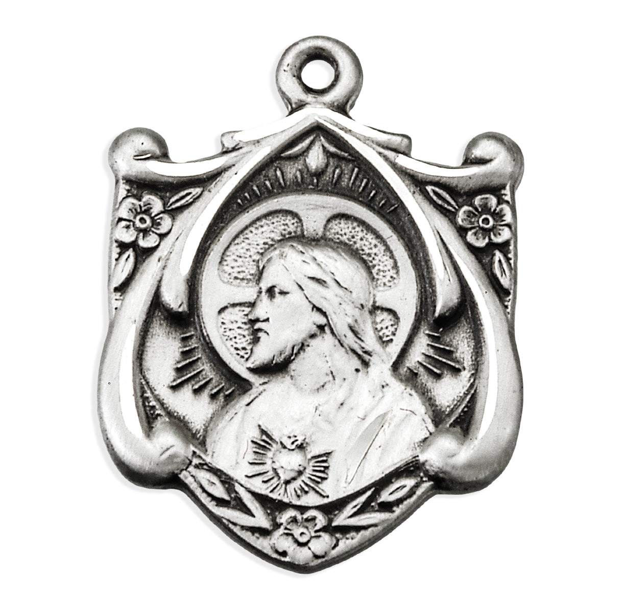 Sterling Silver Sacred Heart of Jesus Scapular Medal Fancy Vine Shield scrolled