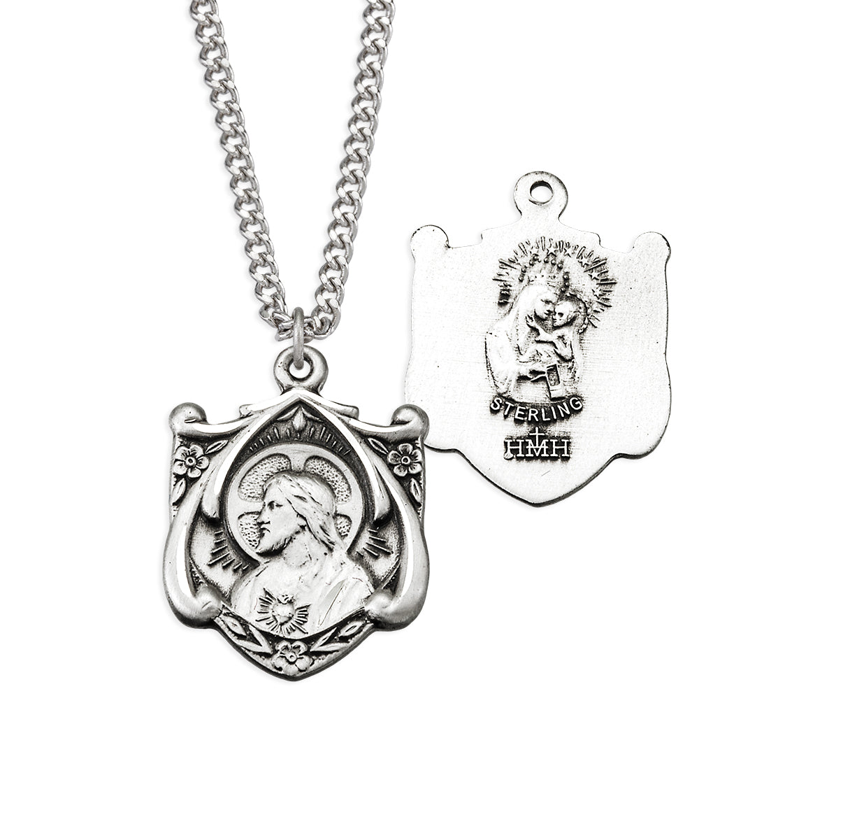 Sterling Silver Sacred Heart of Jesus Scapular Medal Fancy Vine Shield scrolled