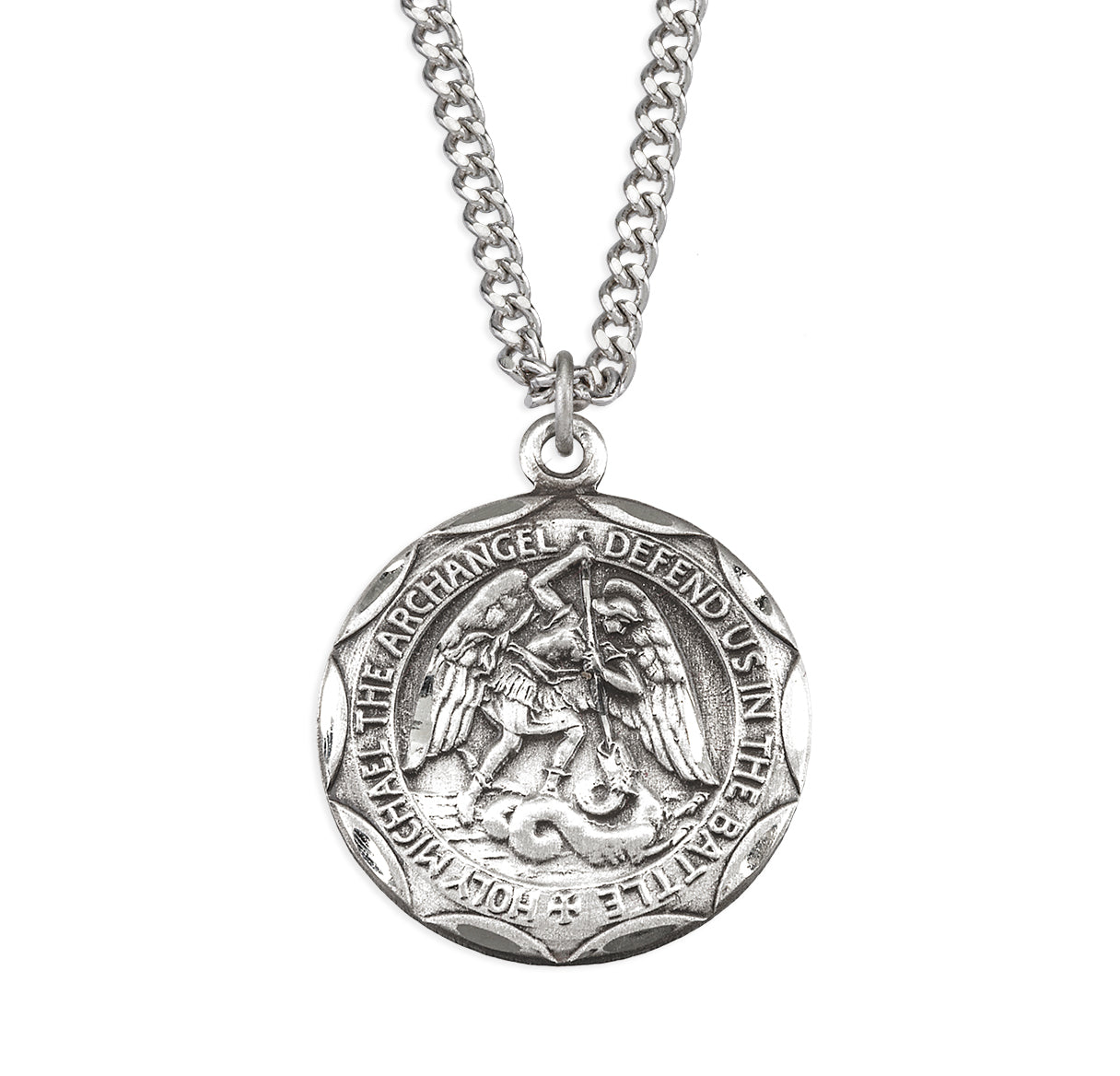 Sterling Silver Saint Michael the Archangel Medal With Scalloped Edging
