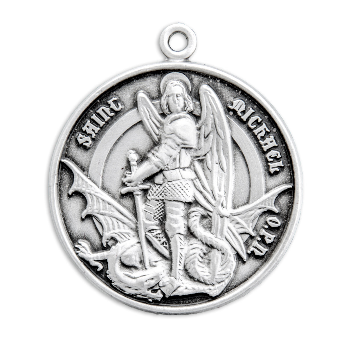 Saint Michael the Archangel Vanquishing Demon Satan Round Medal Pendant with Qais & Deaus Shield on Reverse