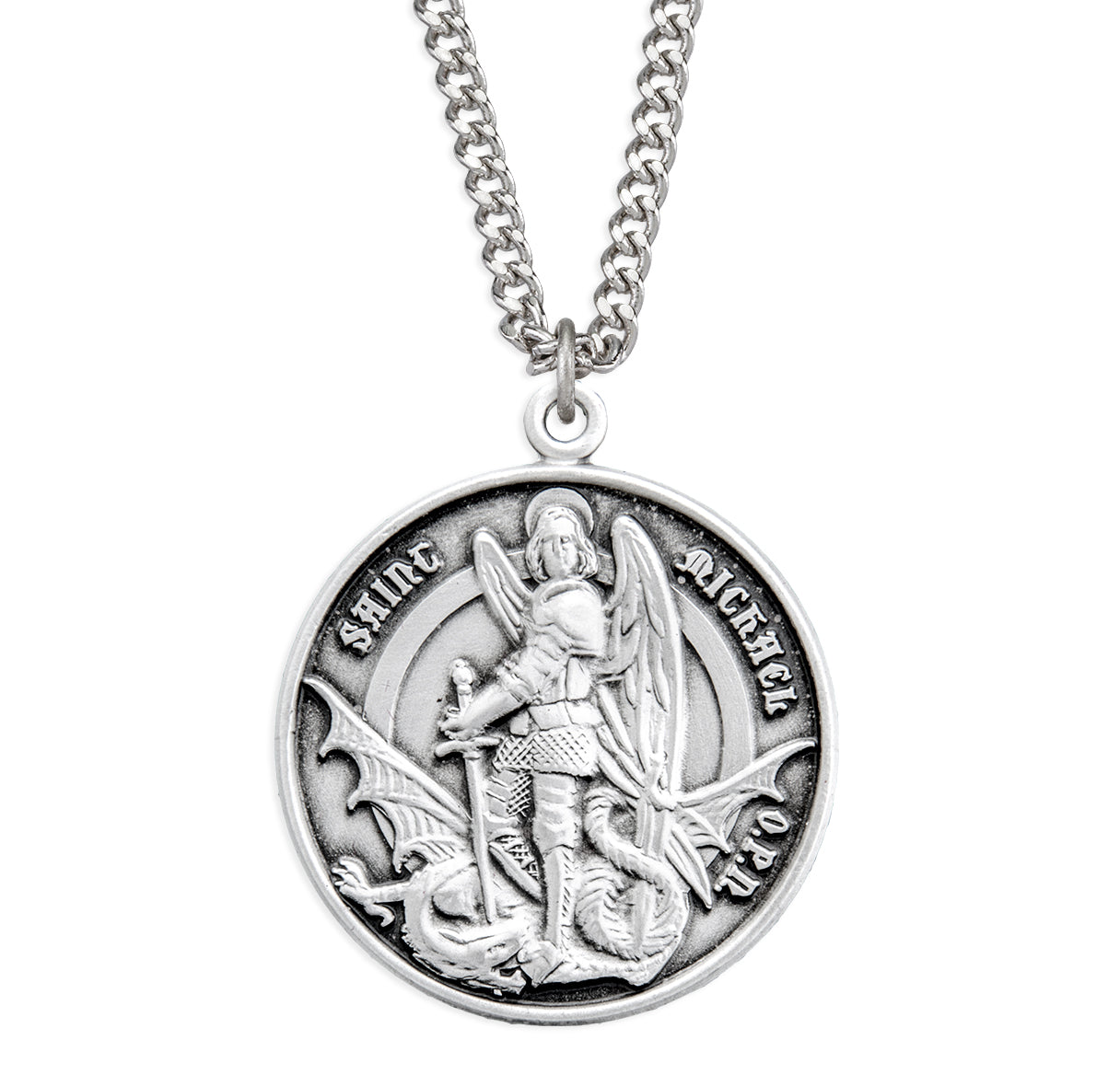 Saint Michael the Archangel Vanquishing Demon Satan Round Medal Pendant with Qais & Deaus Shield on Reverse