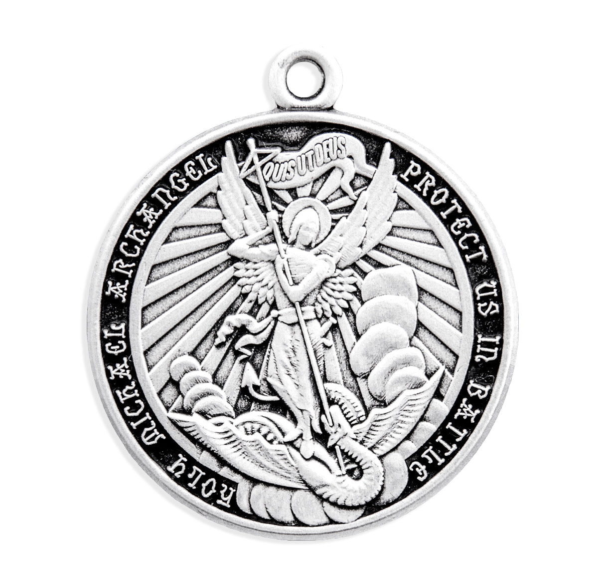 Sterling Silver Saint Michael Archangel Medal Conquering Satan Round with Sun Rays