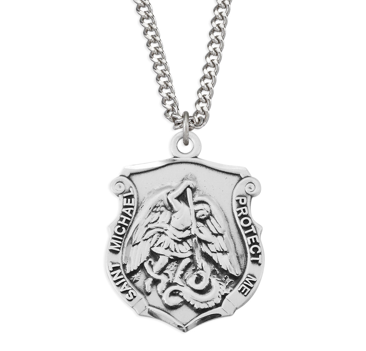 Sterling Silver Saint Michael Shield badge Medal Slaying Satan Law Enforcement protect me