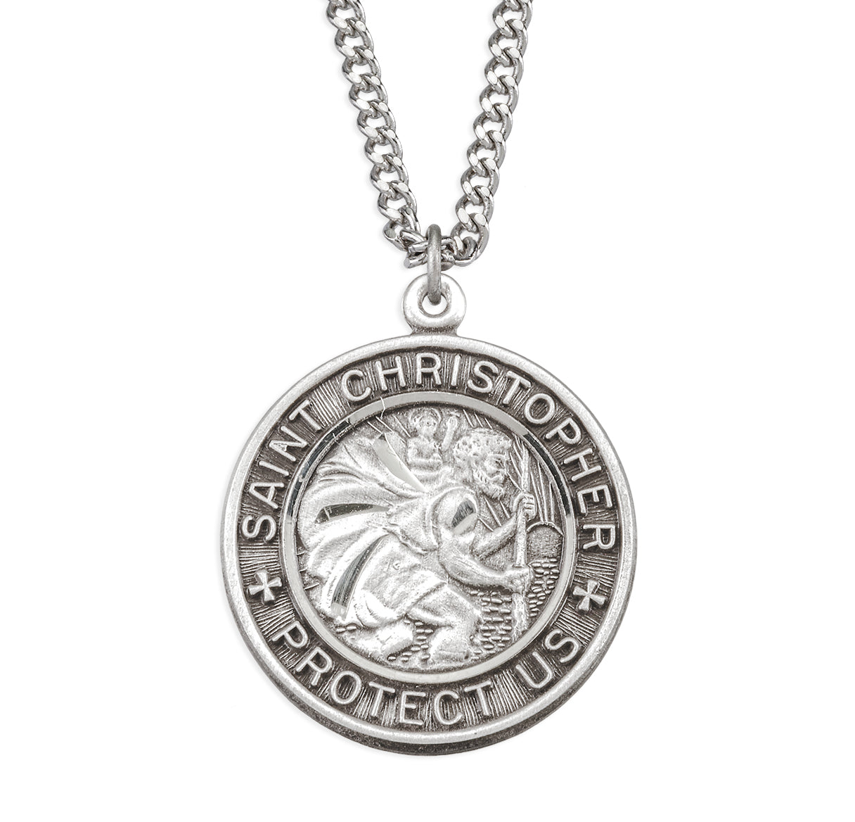 Sterling Silver Round Saint Christopher Protect Us Medal